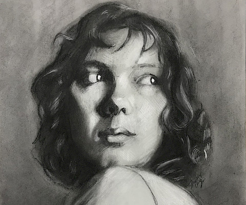 Trinity C., "Rin," charcoal and white conte, Twelfth Grade, Mountain Home High School Career Academies, Art Educator: Beth Ivens.