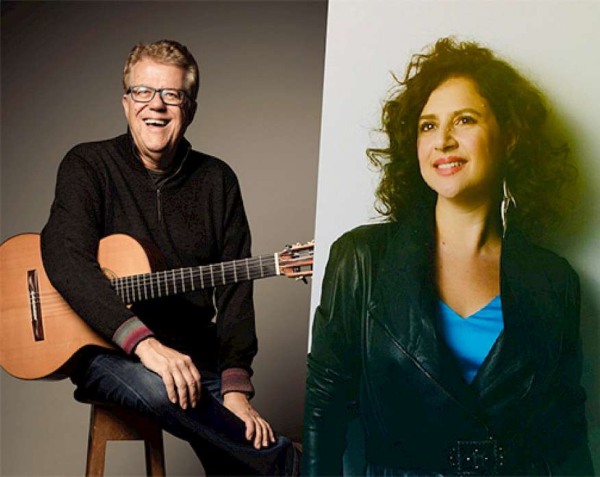 Graphic of three spliced together photos of individual people. Romero Lubambo is on the left sitting on a stool and holding an acoustic guitar. Anat Cohen stands in the middle wearing a velvet jacket over a blue blouse. Peter Martin is on the right sitting on a bench in front of a piano.