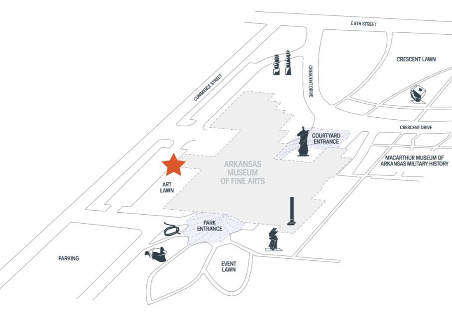 Map of the building and grounds of the Arkansas Museum of Fine Arts. There is an orange star on the building near the Art Lawn.