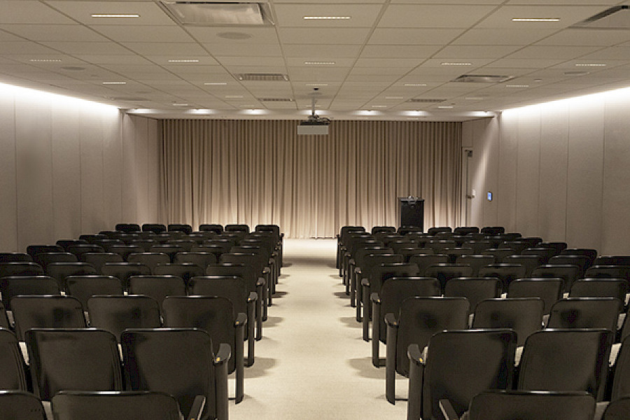 Photo of the lecture hall at the Arkansas Museum of Fine Arts. The hall has rows of black chairs in front of a gray curtain.