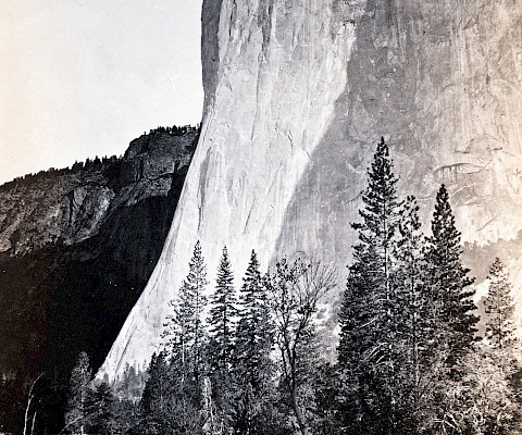 Black and white photograph of the El Capitan mountain peak.