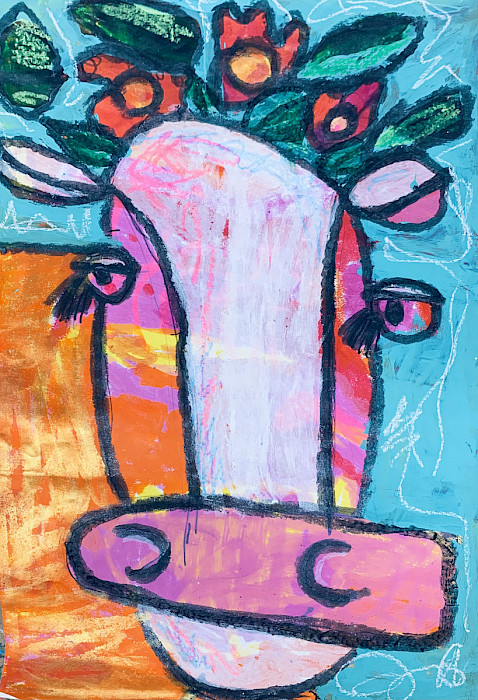 Photo of an abstract painting depicting a pink and purple cow's head with a crown of red flowers and leaves.