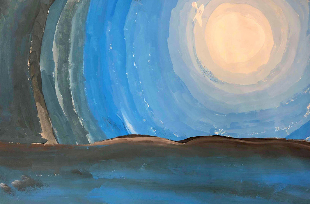 Photo of a tempera-painted landscape of a sunrise or sunset in shades of blue and brown.