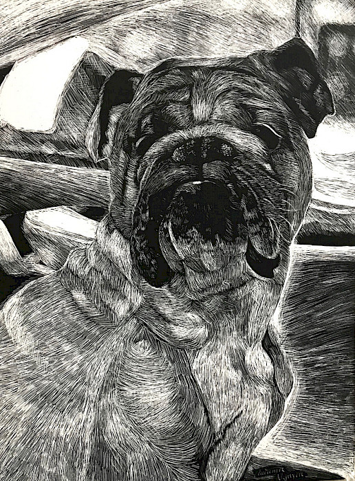 Photo of an artwork depicting a scrunch-faced dog.