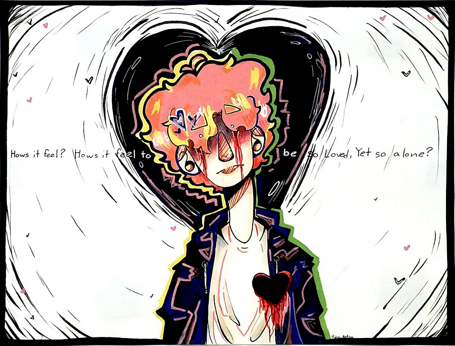 Photo of an ink drawing depicting a figure with a bleeding hard on its shirt and a black heart behind its head.