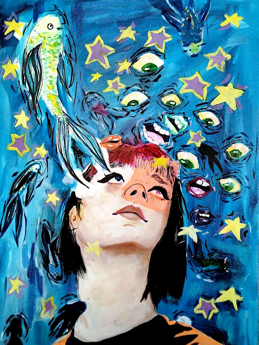 Photo of an artwork depicting a girl staring up at a blue background filled with stars, eyeballs, and fish.