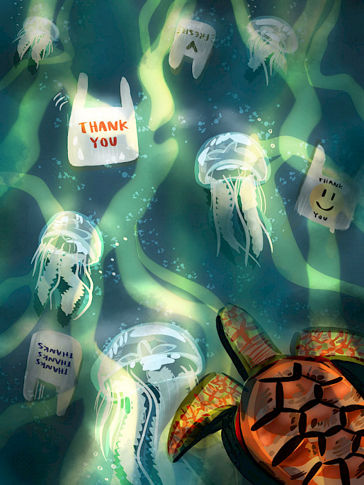 Digital artwork depicting an underwater scene of a turtle and jellyfish swimming among plastic grocery bags.