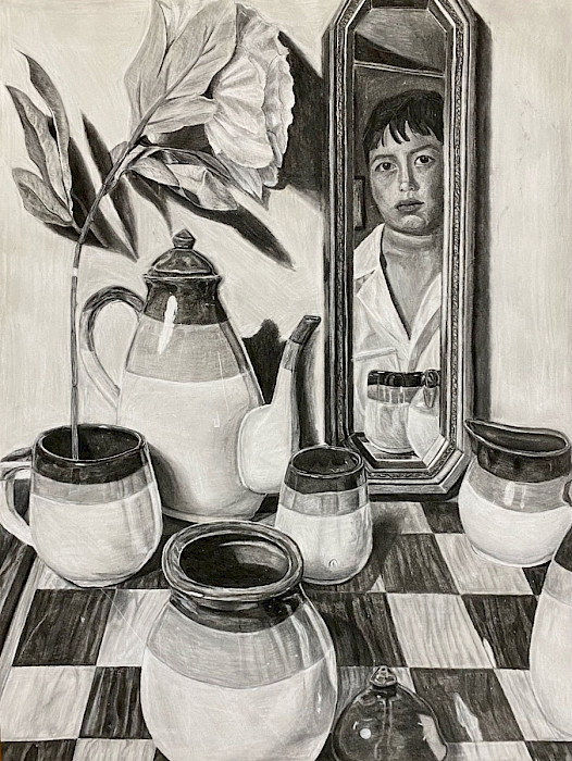 Photo of a black and white charcoal drawing showing a table with ceramics, a flower, and a mirror. The mirror's reflection shows a figure.