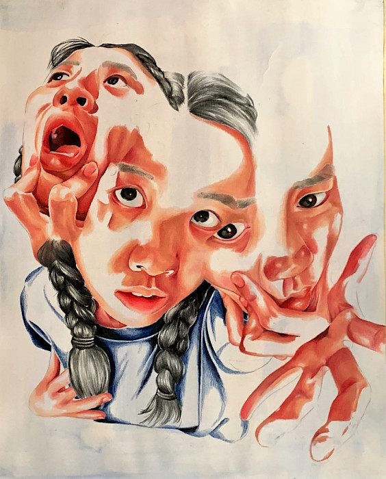 Photo of an artwork picturing a girl with three heads in different expressions.