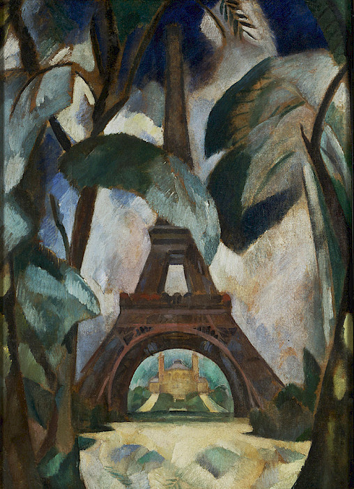 Abstracted painting of the Eiffel Tower in oil on canvas by Robert Delaunay.