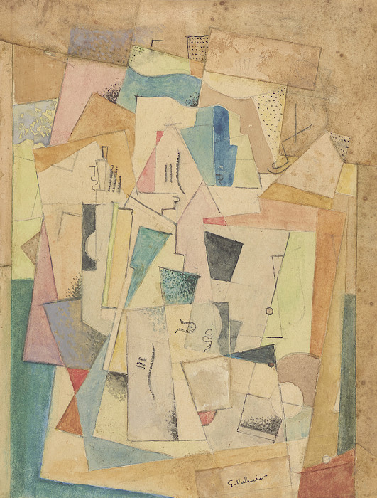 Photo of a Cubist gouache and collage artwork by Georges Valmier.