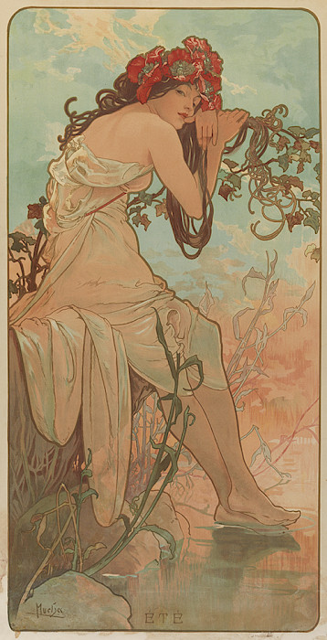 A color lithograph by Alphonse Mucha depicting a woman wearing a flower headdress and hanging on a vine.