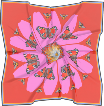 Photo of a square scarf decorated in a floral pattern with butterflies.