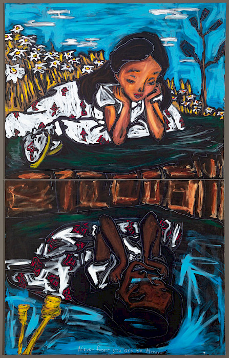 Photo of a vertical oil painting halved with two mirror images of a girl in a white dress leaning on her elbows over a river.