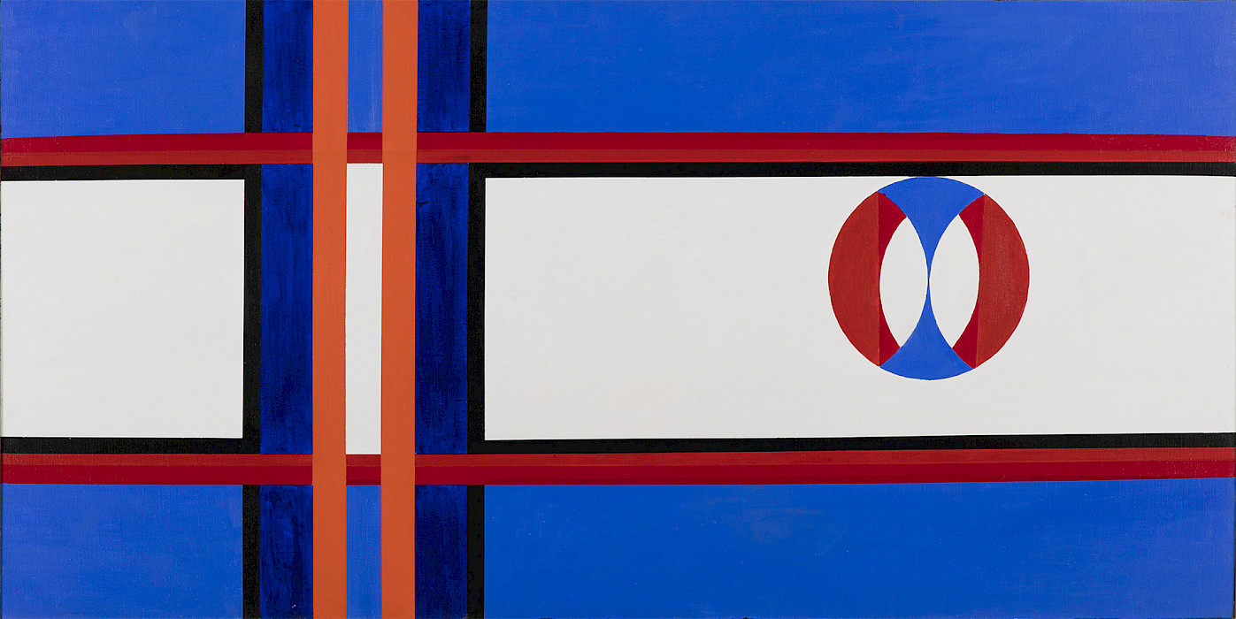 An abstract hard-edge painting with blue, red, and white lines and a circle with red, white, and blue shapes.