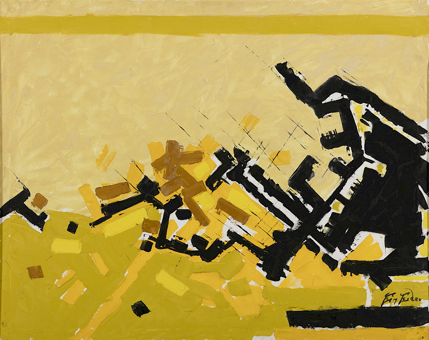 Abstract painting depicting black, brown, and yellow shapes on a beige-colored background.