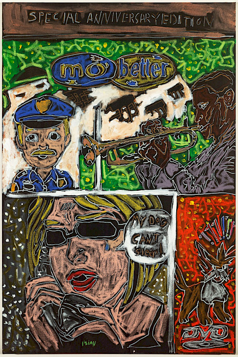 Photo of an artwork picturing a policeman emoji, woman talking on a phone in sunglasses, a man playing the trumpet, and bright colors.