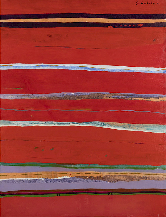 An abstract color field painting depicting wavy horizontal lines in shades of red, orange, black, white, blue, green, and purple.