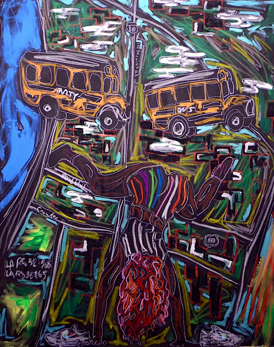 Photo of a vertical oil painting picture a woman dancing upside down beneath two yellow school buses on an abstract background.
