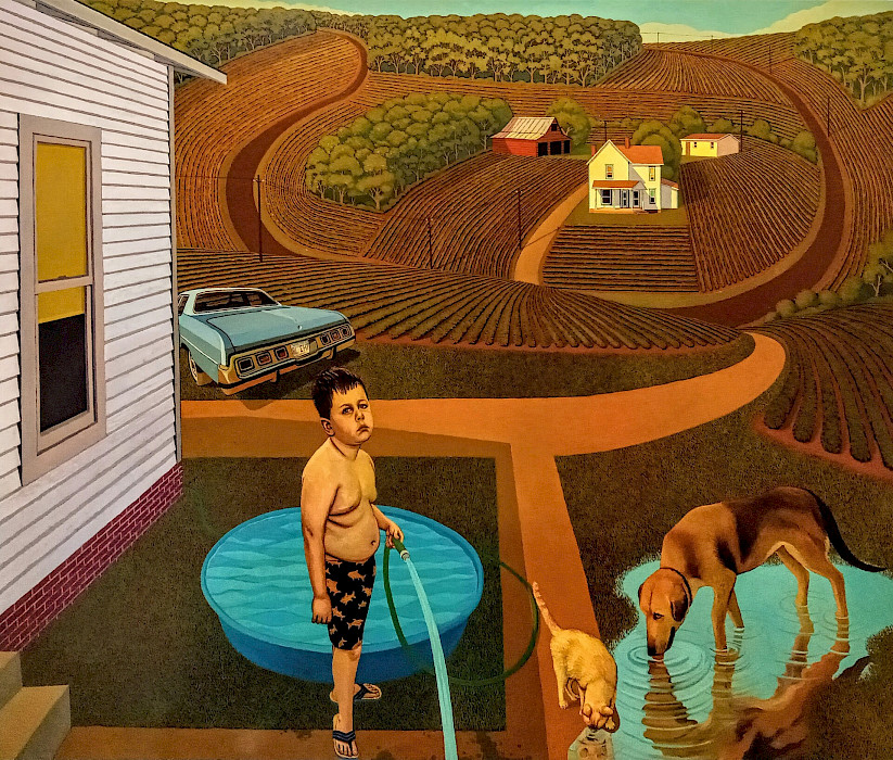 Photo of an oil painting depicting a young boy wearing swim trunks and holding a water hose next to two dogs lapping up the water. In teh backgroudn is an antique car and farmland.