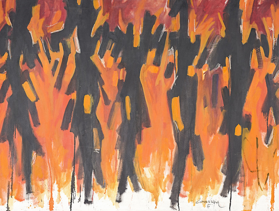 An abstract painting depecting vertical gestural lines in black, red, and orange.