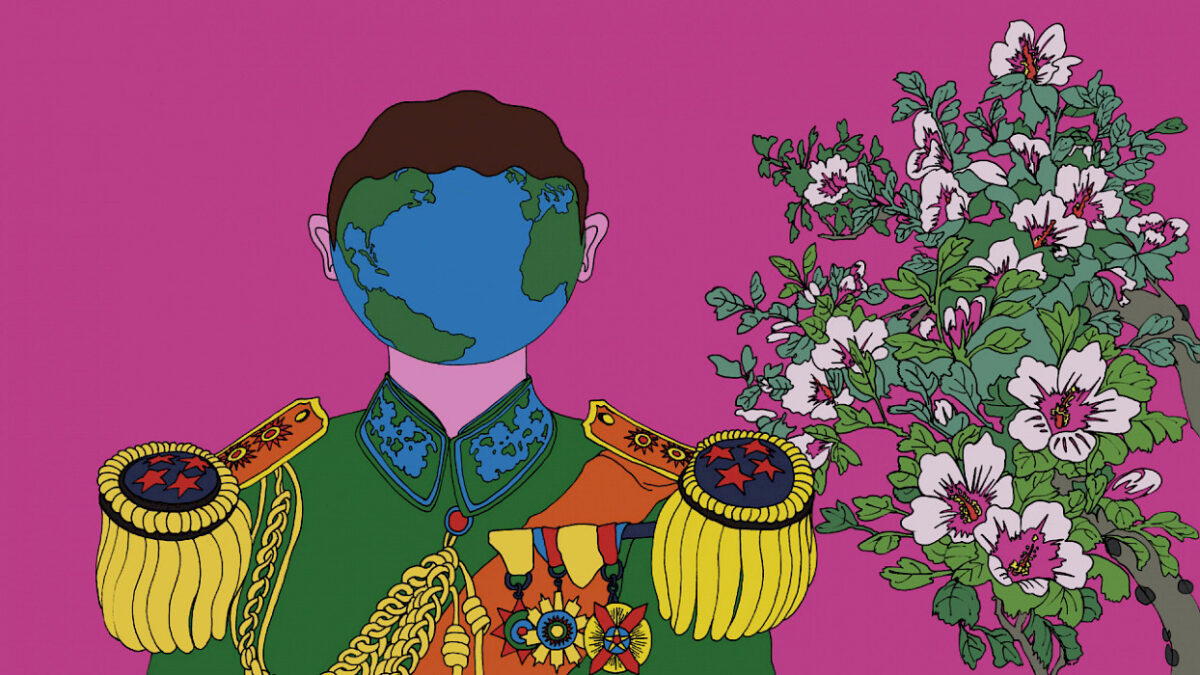 Video still of an animation of a man in a green military uniform with a globe for a head on a hot pink background next to pink flowers.