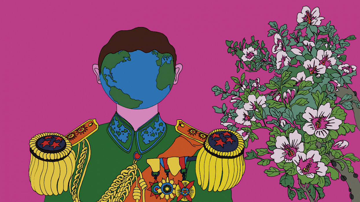 Video still of an animation of a man in a green military uniform with a globe for a head on a hot pink background next to pink flowers.