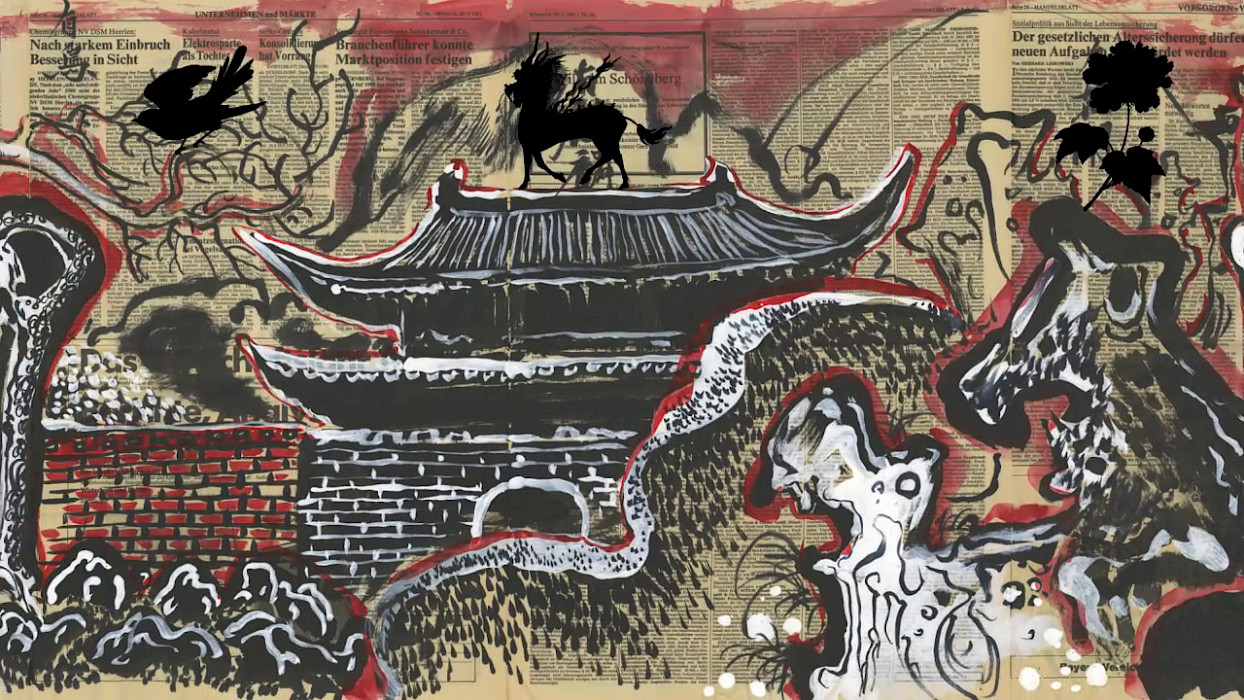 Video still showing a Chinese building, abstract waves, a brick wall, and other black, white, and red figures painted on newspaper.