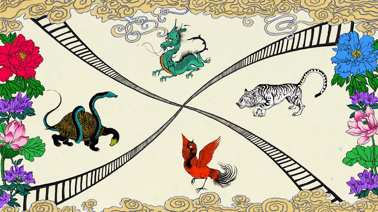 Video still of an animation showing a dragon, tiger, red bird, and a turtle wrapped in a snake divided by black traintracks.