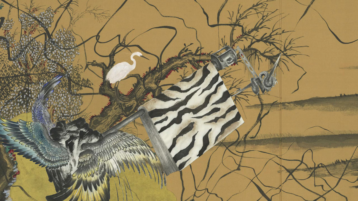 Video still of birds and bird wings on a tree limb with a large weapon painted on a pale gold background.