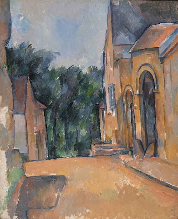 Impressionist painting of a building and treeline in oil on canvas by Paul Cézanne.