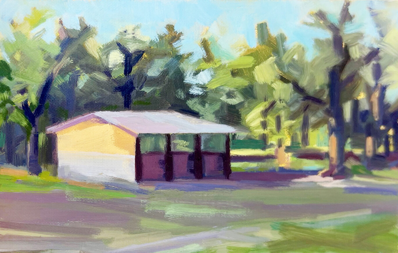 Photo of a landscape painting of empty horse stables near a row of trees.