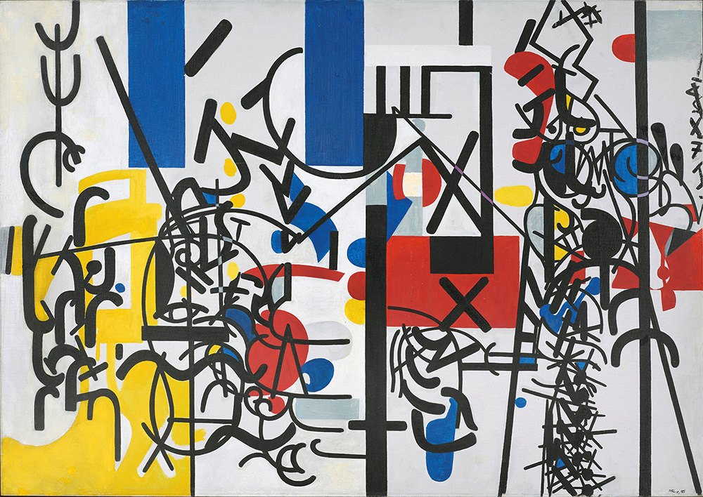 Abstract painting with blue, red, and yellow circles and squares overlaid with black lines on a white background.
