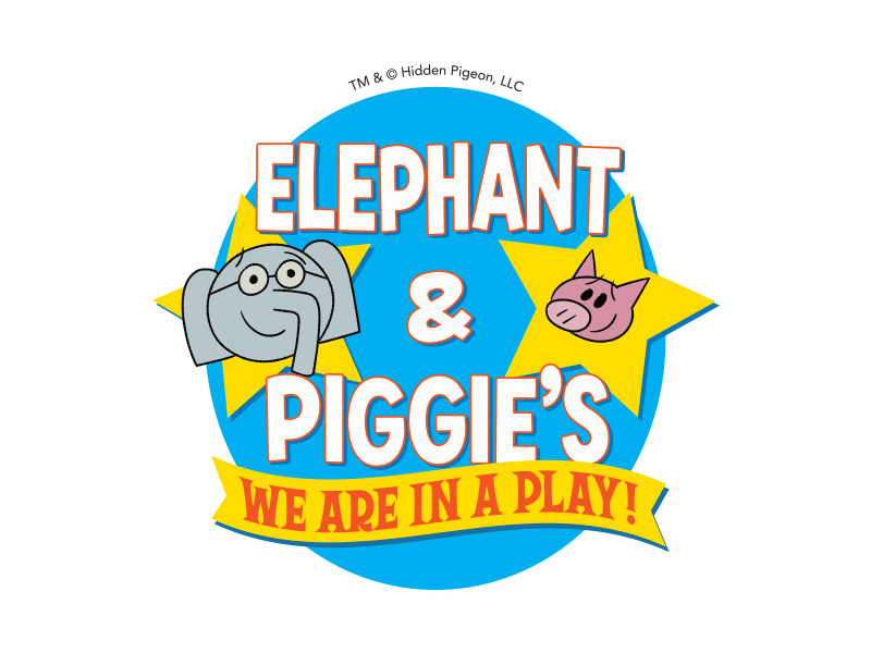 Illustration of an elephant with glasses and a pig on yellow stars set on top of a blue circle. Letters on top read Elephant and Piggie's We Are in a Play!