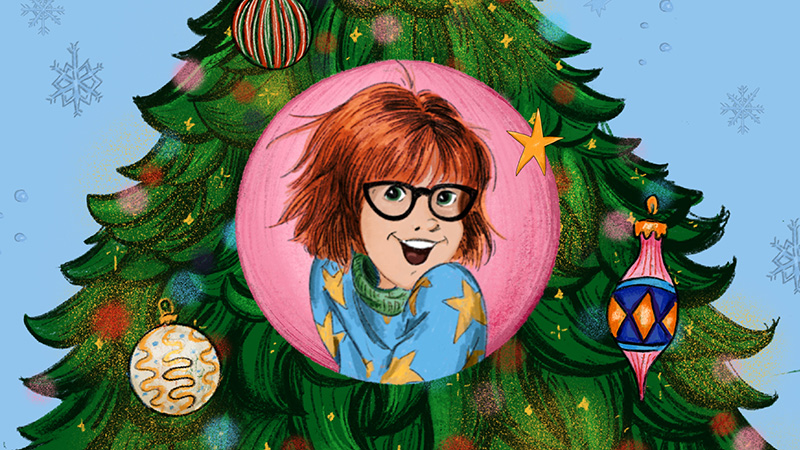 Illustration of book character Junie B. Jones next to a Christmas tree decorated with ornaments.