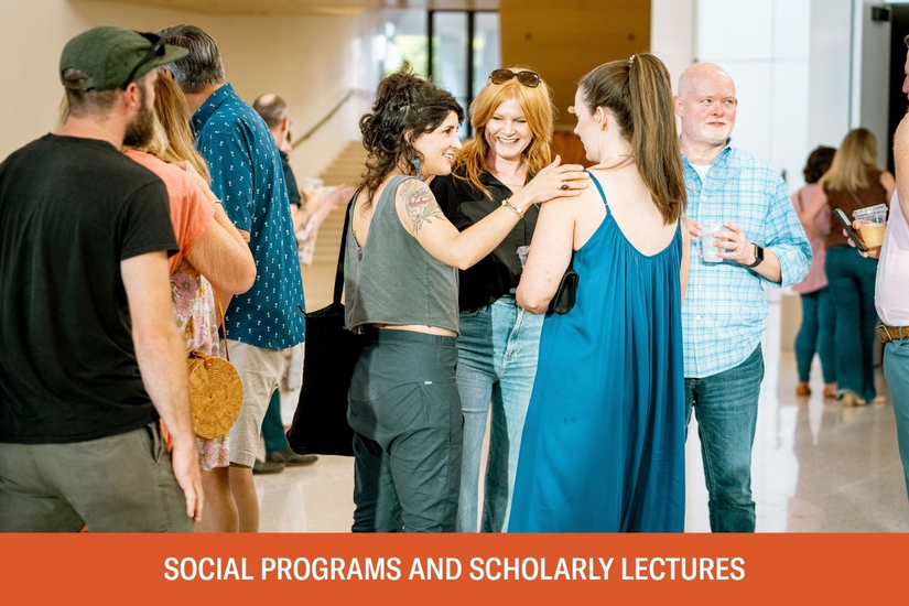 Photo of three women smiling and embracing amongst a crowd of people in the Atrium at AMFA. Below the photo is text that says social programs and scholarly lectures.