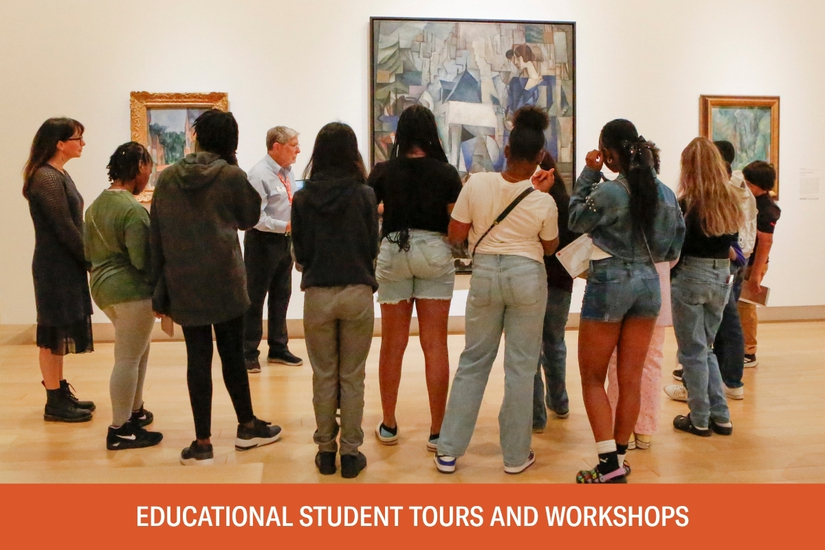 Photo of a group of students standing in front of a Cubist painting by Diego Rivera. An AMFA docent is standing next to and gesturing towards the painting. Below the photo is text that reads educational student tours and workshops.