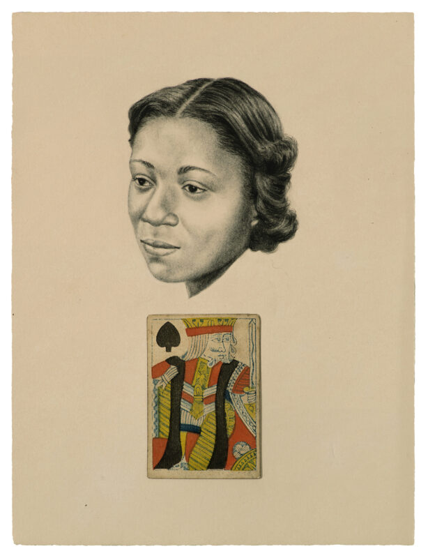 Photo of a charcoal drawing of a woman with a playing card of the king of spades attached below it.