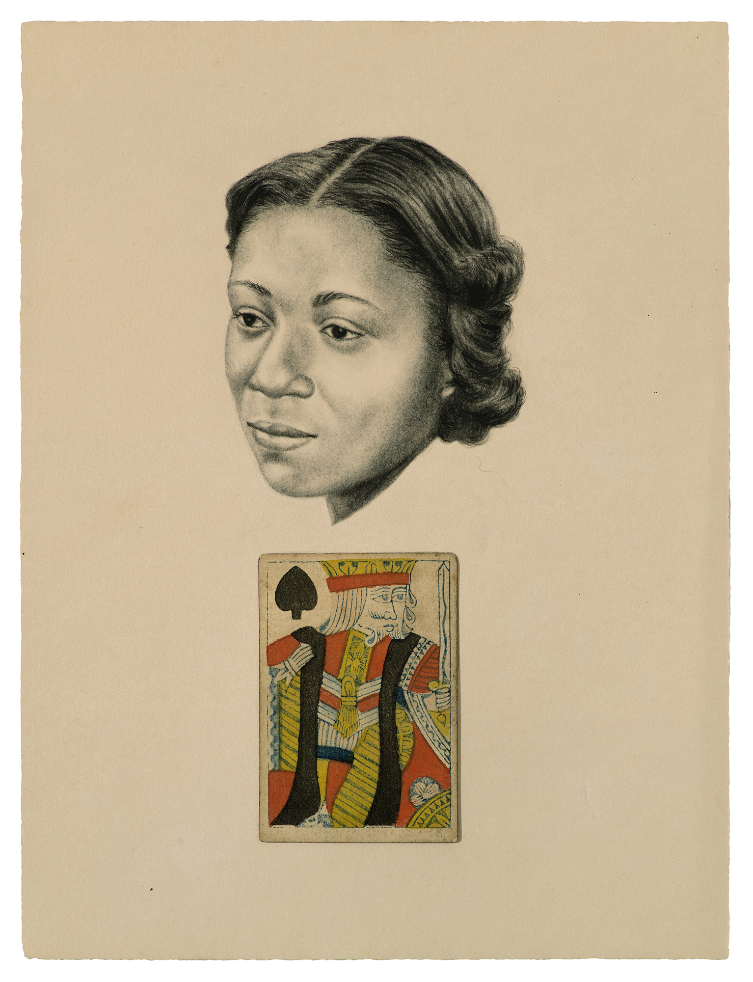 Photo of a charcoal drawing of a woman with a playing card of the king of spades attached below it.