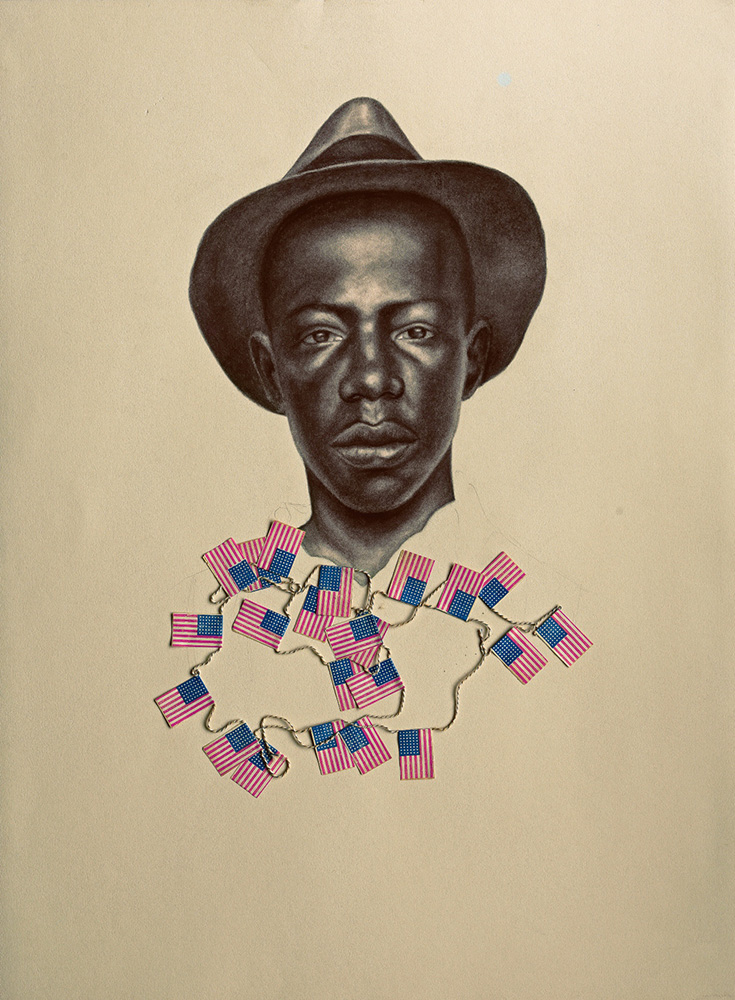 Drawing of a man wearing a hat with a chain of American flags added to the paper beneath his neck.