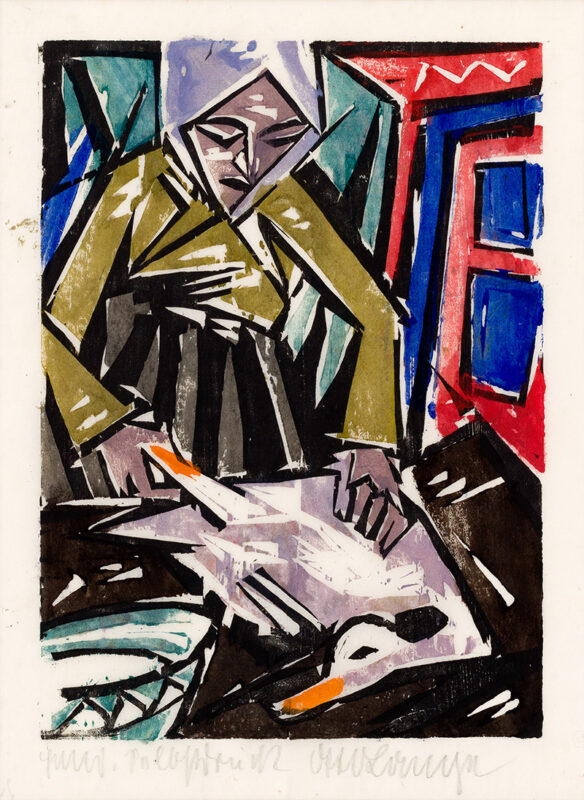 Photo of a woodcut print depicting a woman wearing a head wrap with a colorful abstract background.