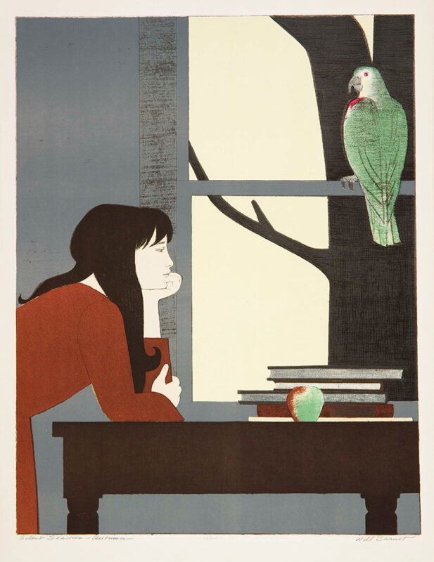 Photo of a lithograph by Wil Barnet depicting a woman with long dark hair wearing a red sweater and leaning her on her hand with her elbow propped up on a desk next to a stack of books.