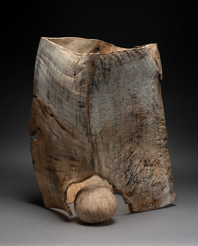 Photo of an abstract wooden sculpture by Michael Peterson.