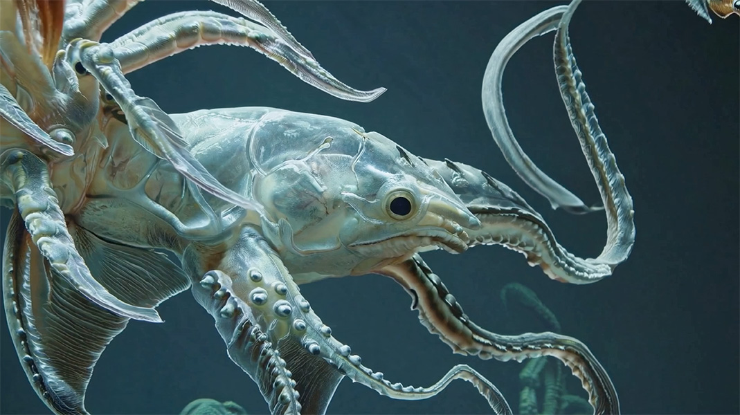 Film still depicting a tentacled sea creature swimming in water.