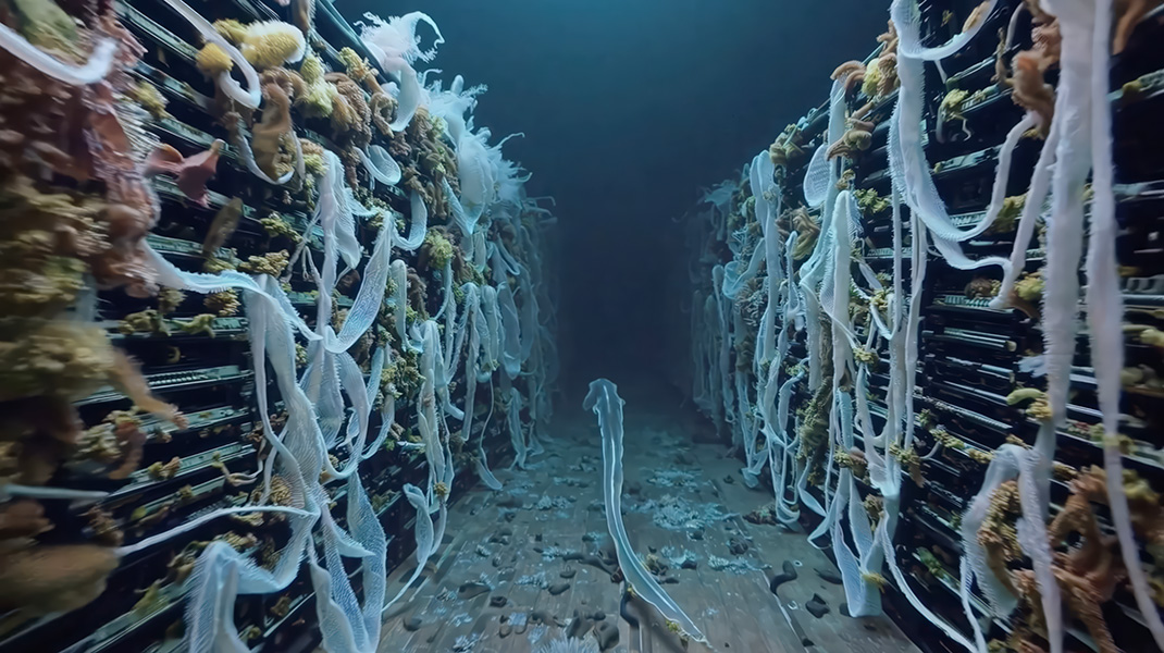 Film still depicting an underwater server room coverd in coral.