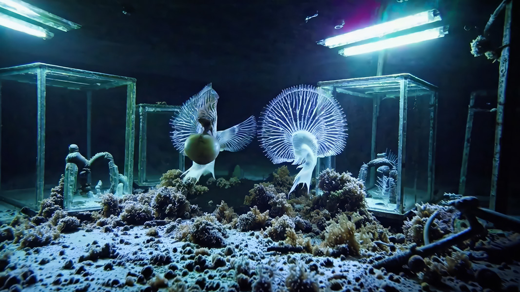 Film still depicting jelly fish and coral next to small aquariums and harsh overhead lights.