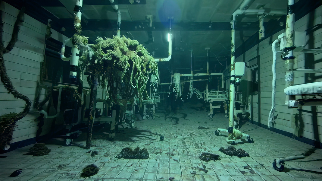 Film still depicting an underwater boiler room coated in coral.