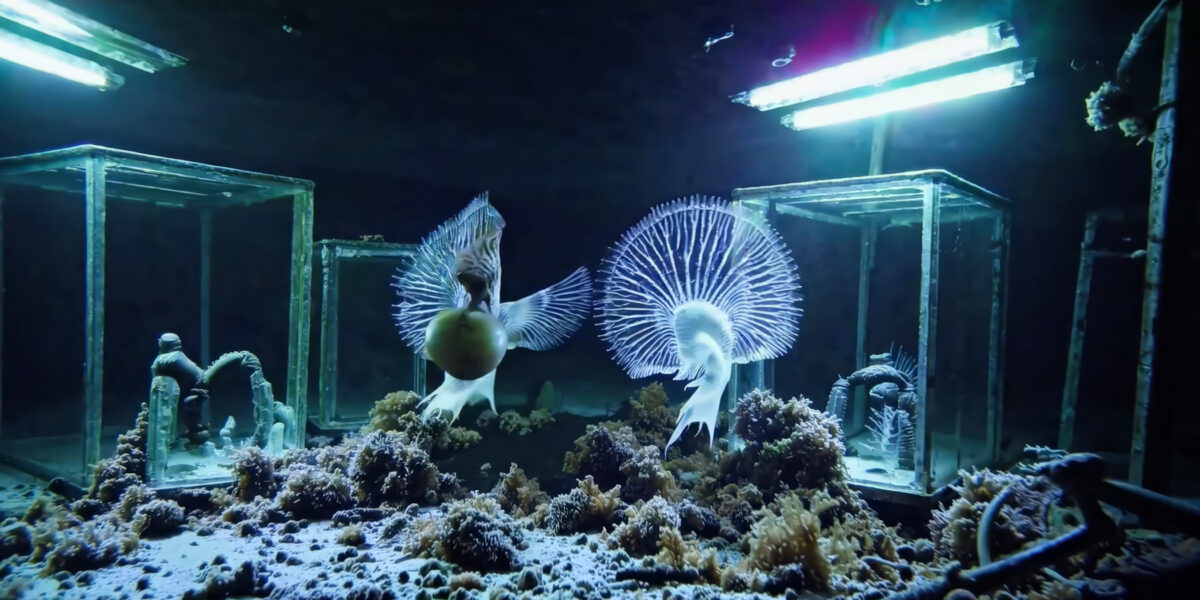 Film still depicting jelly fish and coral next to small aquariums and harsh overhead lights.