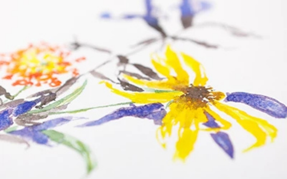 Close-up photo of a watercolor painting of flowers.
