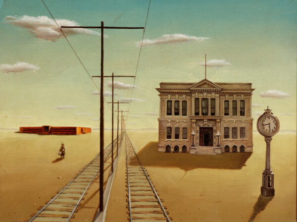 Photo of an oil painting depicting a train track next to a two-story building and a large clock in a desert environment.